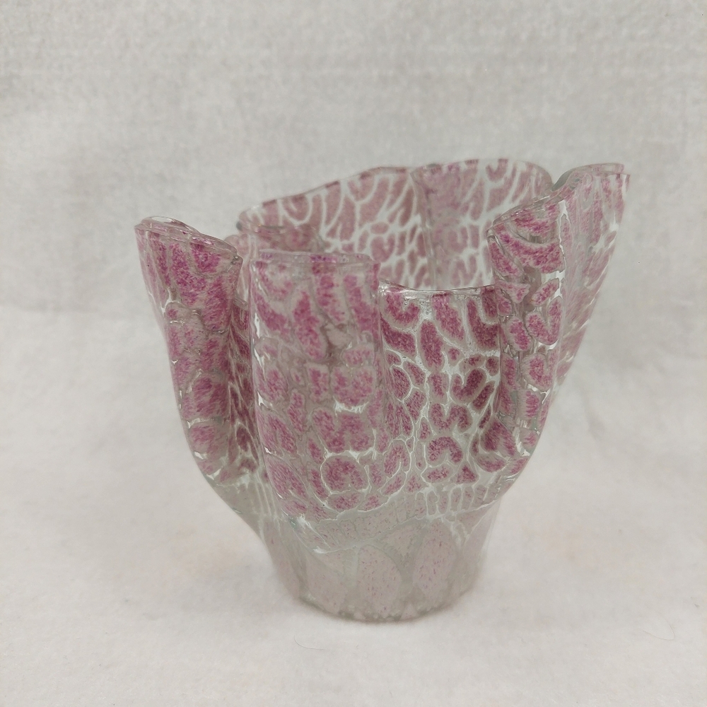 Signed Hand-Blown Art Glass Bowl Purple Small Crimped Rim Organic Pattern